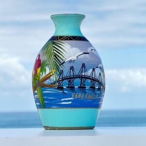 Venezuela Hand Painted Tropical Parrot Vase Teal Blue Ceramic Souvenir Vintage